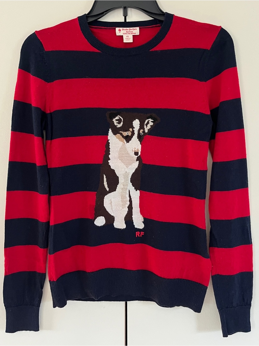 Brooks Brothers Red Fleece Fine Merino Wool Border Collie Dog Sweater Stripe XS